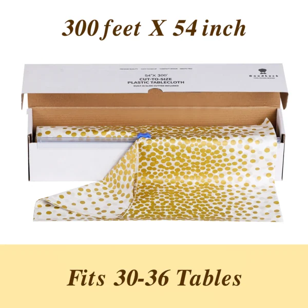 54-X-300ft-Disposable-White-Gold-Dot-Plastic-Tablecloths-3