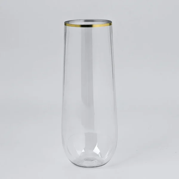 9oz Clear Plastic Champagne Flute with Gold Rim