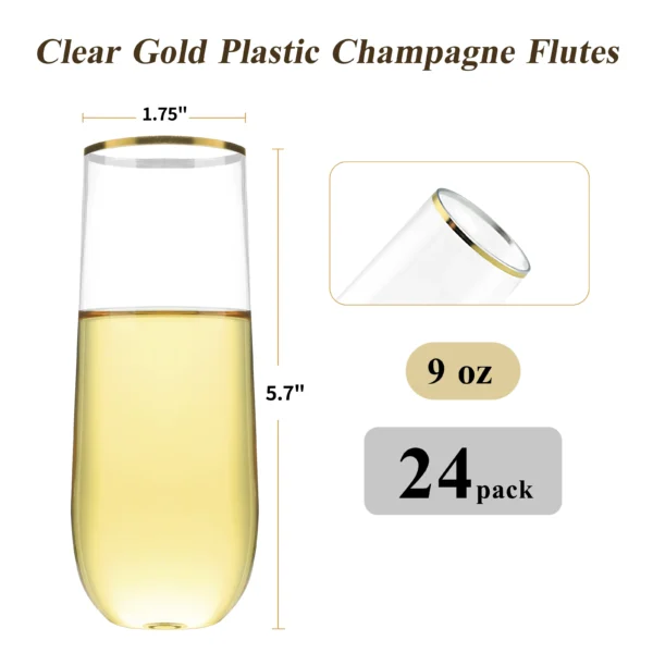 9oz Clear Plastic Champagne Flute with Gold Rim