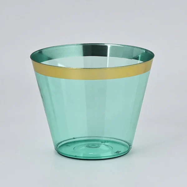 9oz Gold Rim Green Plastic Cups
