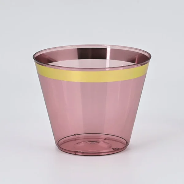 9oz Gold Rim Pink Plastic Cups 1