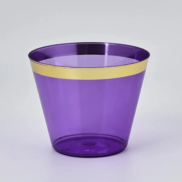 9oz Gold Rim Purple Plastic Cups