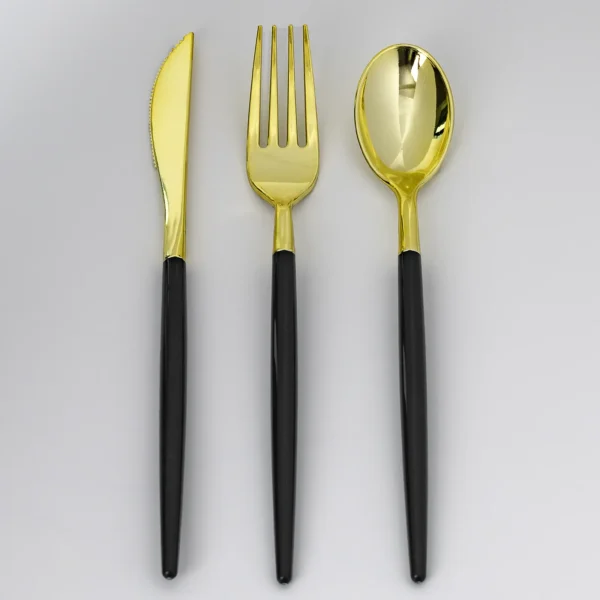Black and gold plastic cutlery