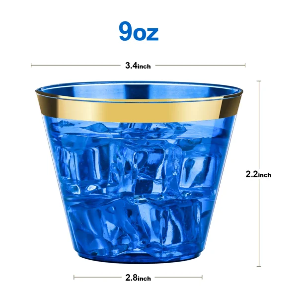 Blue and gold plastic cups size