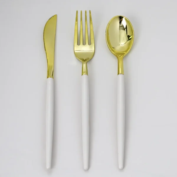 Gold and White plastic cutlery