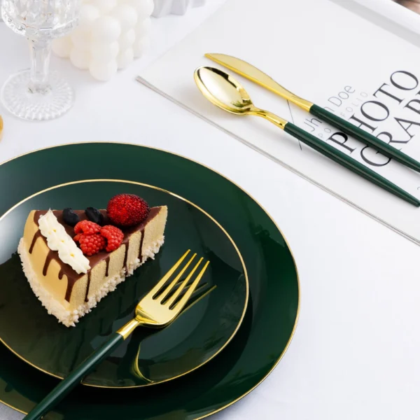 Green and gold plastic cutlery