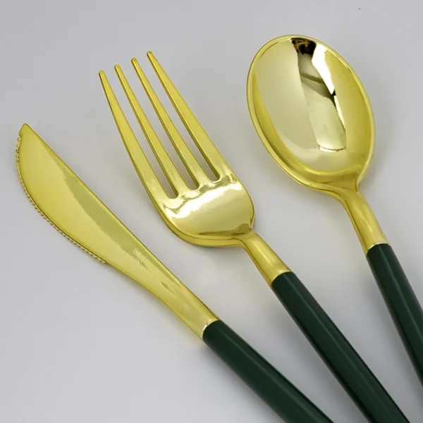 Gold and Green Plastic Cutlery Set - Image 2