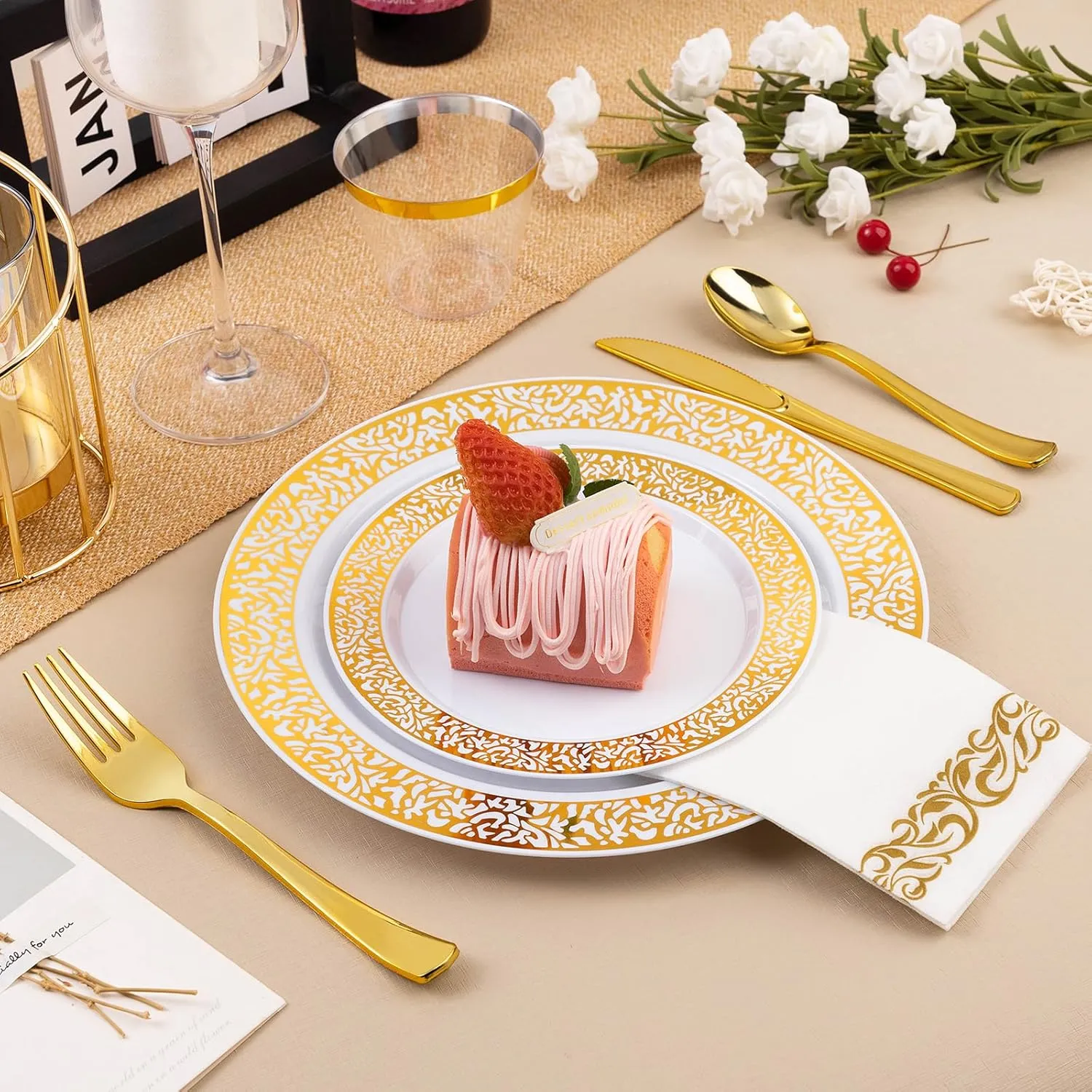 clear plastic plates with gold trim