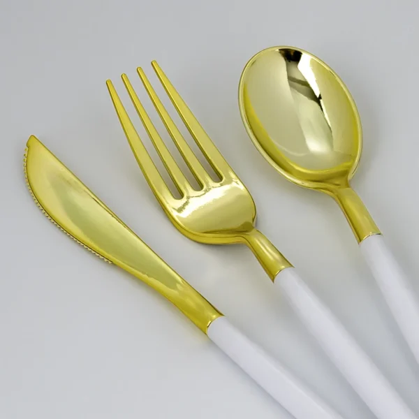 Gold and White Plastic Cutlery Set - obrazek 2