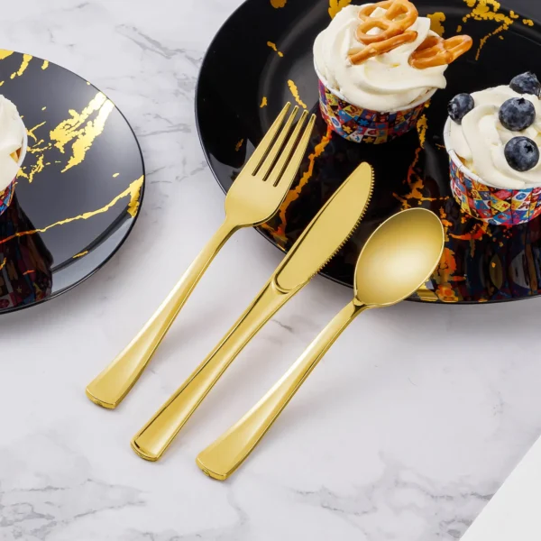 gold plastic forks and spoons