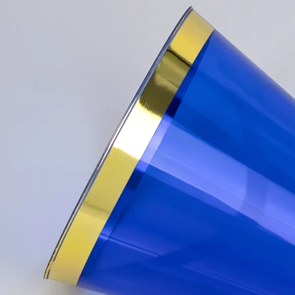 gold rim blue plastic cups