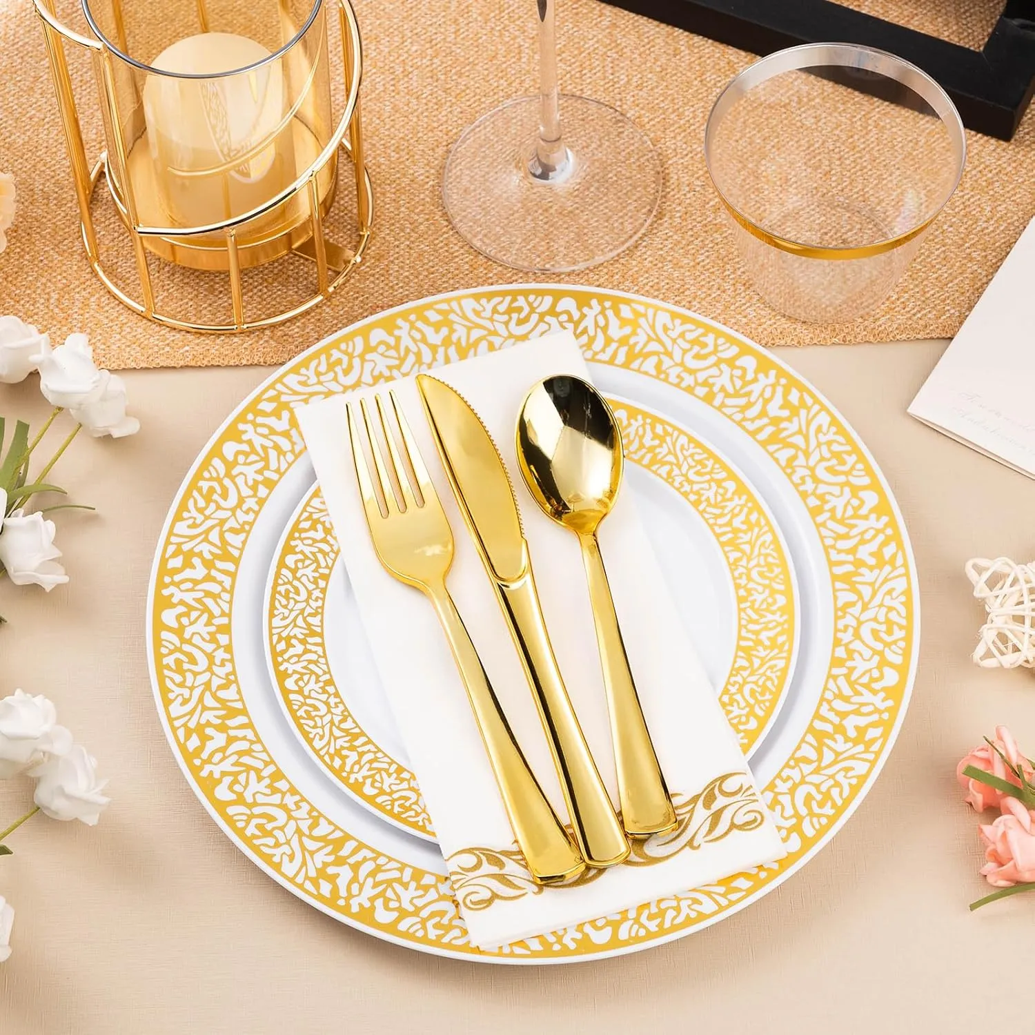 plastic plates with gold trim