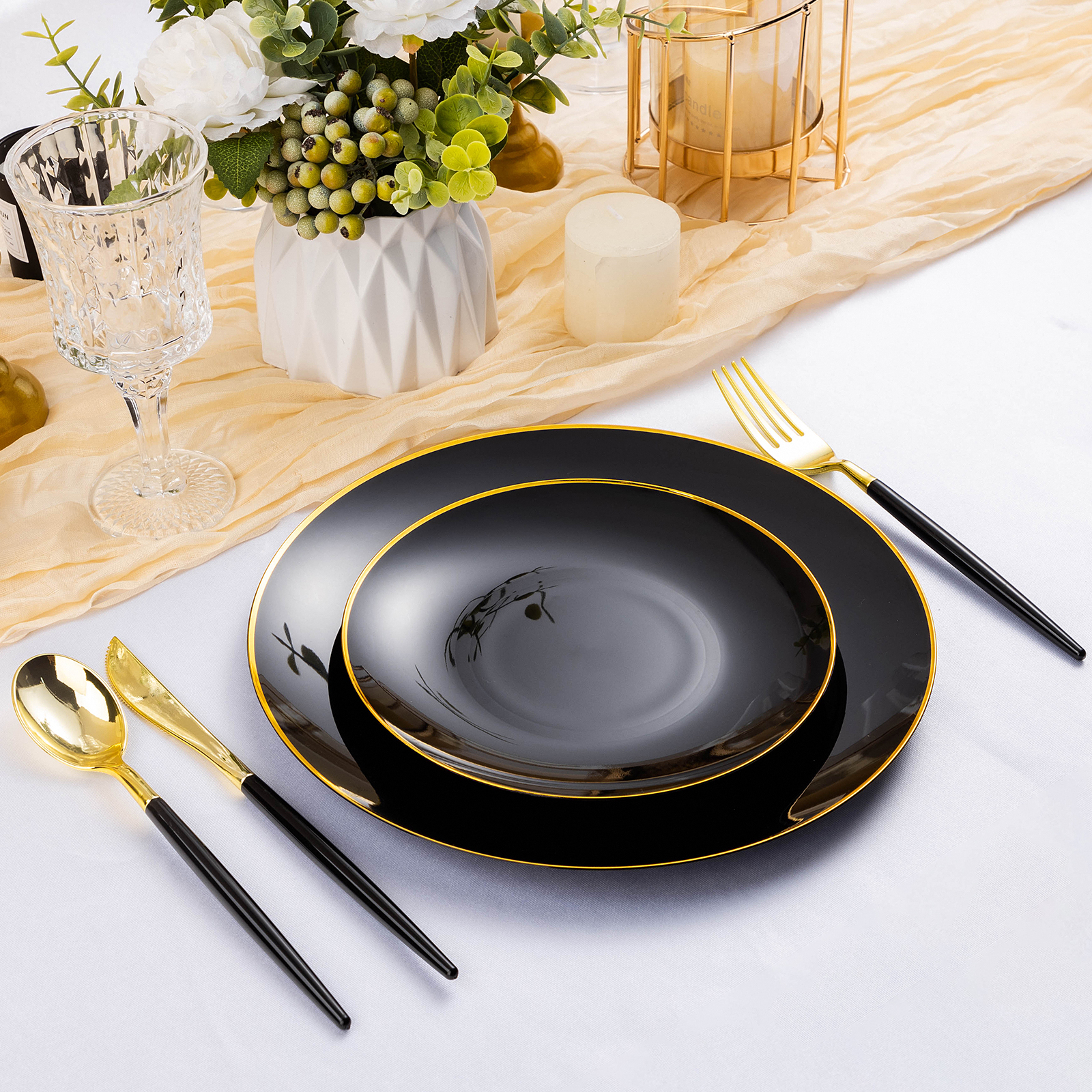 black and gold plastic tableware
