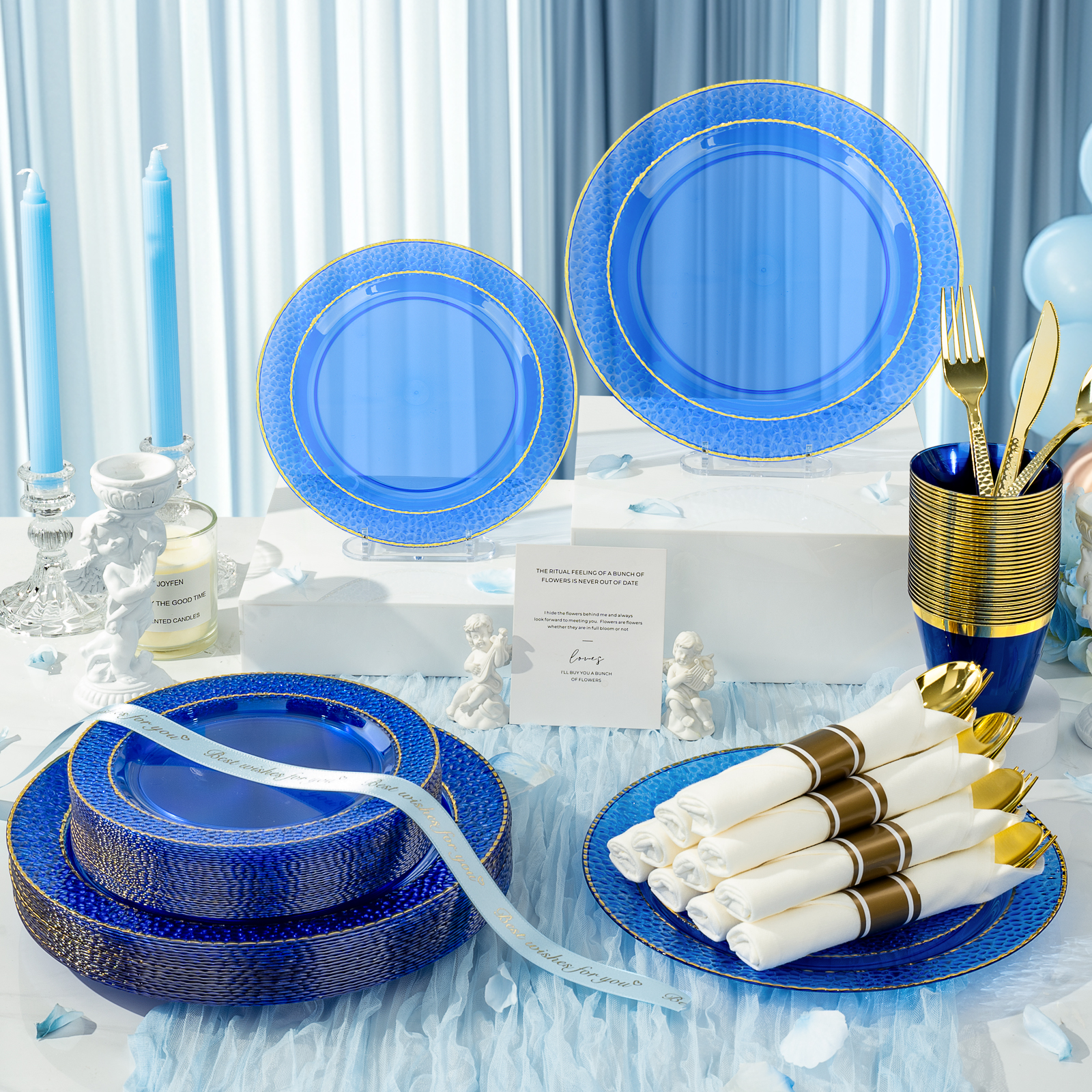 blue disposable plastic tableware set