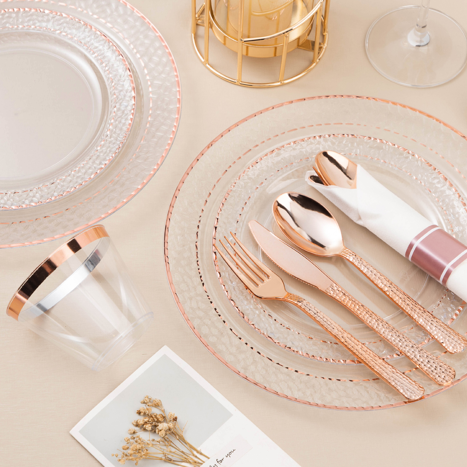 clear rose gold plastic tableware set