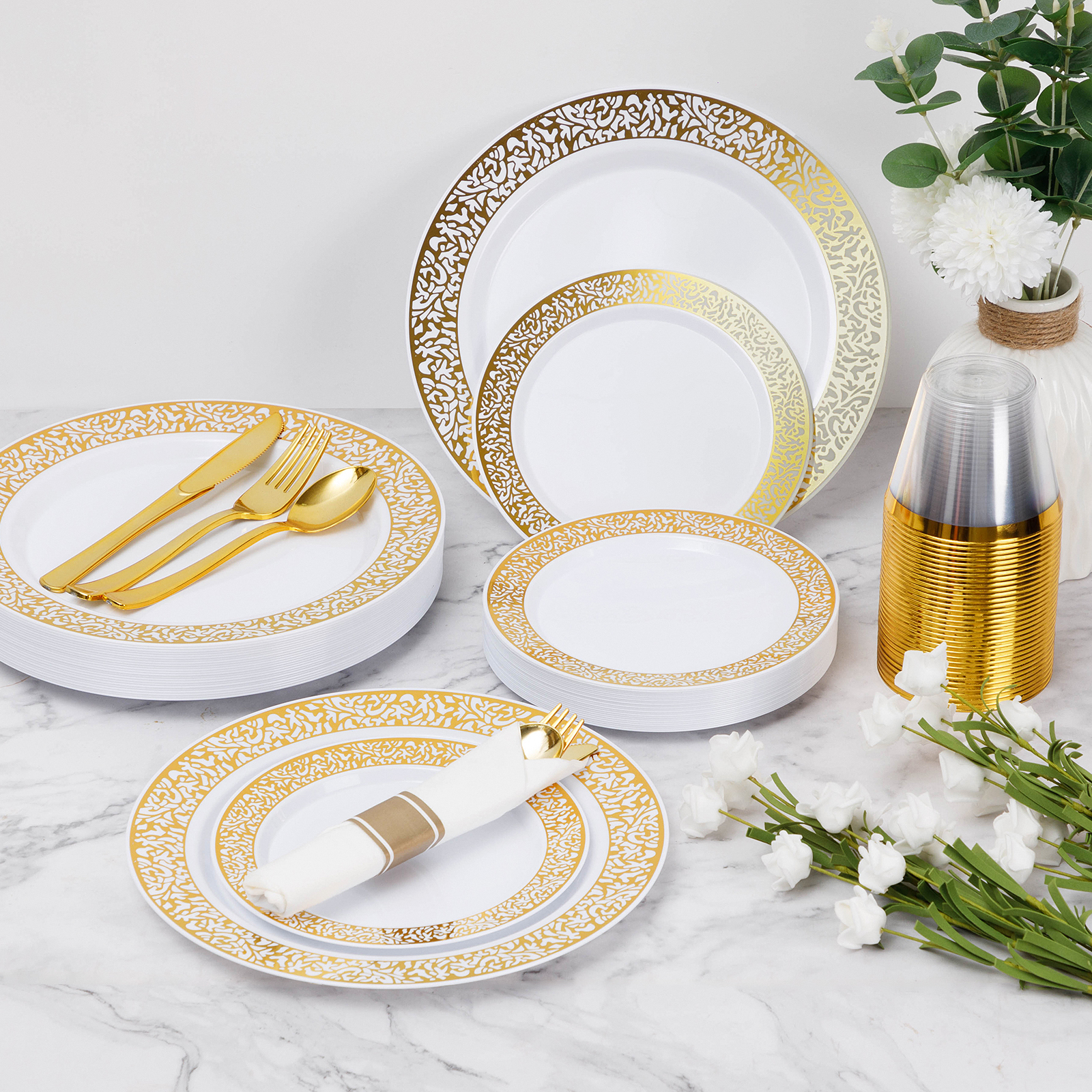 gold lace plastic tableware