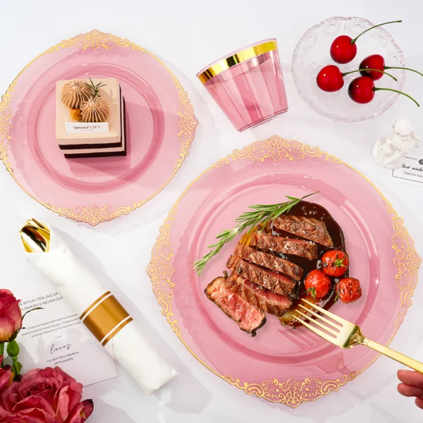 pink clear plastic plates set